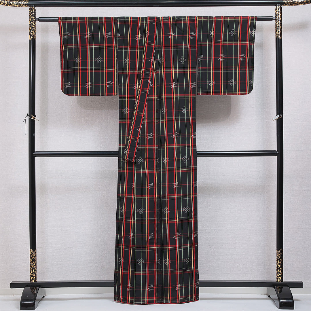 小紋 洗える着物 袷 身丈161cm 裄丈64cm ポリエステル Cランク Lサイズ バチ衿 インフォーマル 格子 黒系 1215-16370