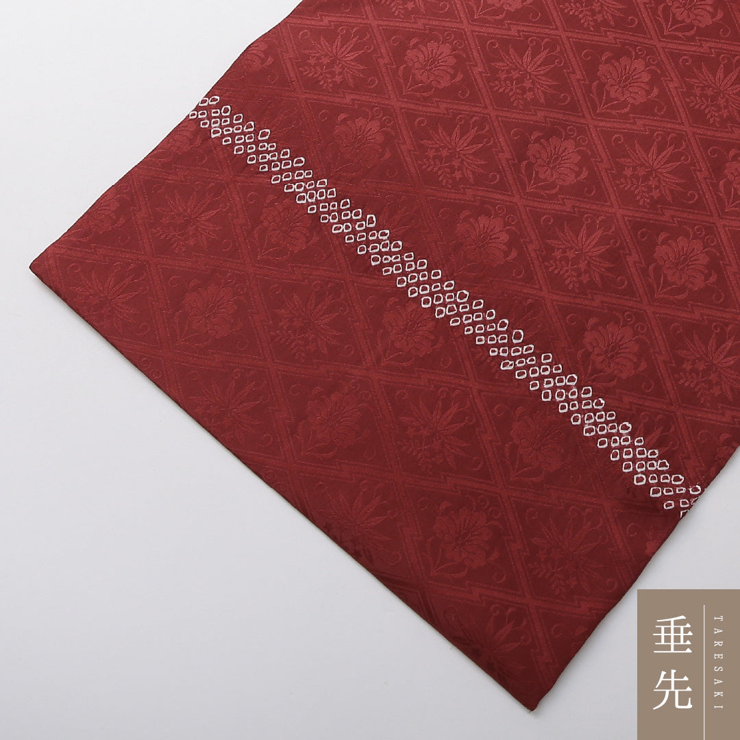 未使用品 九寸名古屋帯 Nランク 帯丈362cm 正絹 ポイント柄 名古屋仕立て 染め インフォーマル しつけ糸 綸子 絞り 松皮菱 花柄 深い赤系 HP 1245-03712