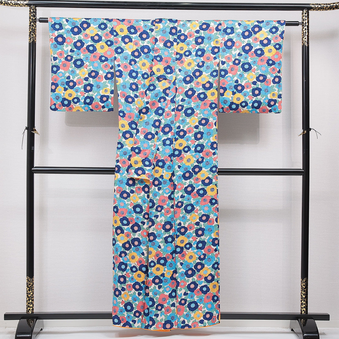 小紋 袷 身丈157cm 裄丈63cm 正絹 Sランク インフォーマル 広衿 Mサイズ 花柄 多色系 RP 1221-15691