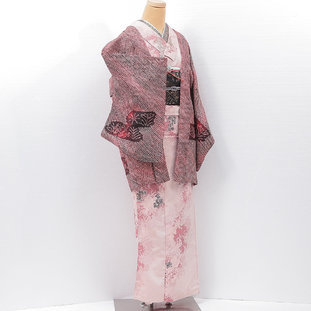 羽織 袷 身丈81cm 裄丈62cm 正絹 Aランク カジュアル バチ衿 Sサイズ 紐あり 花柄 赤系 RP 1232-15181