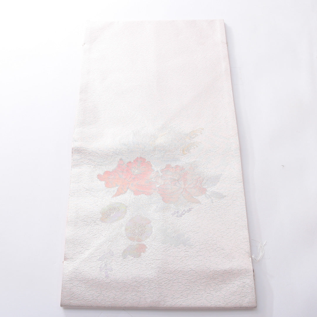 九寸名古屋帯 帯丈355cm インフォーマル 名古屋仕立て ポイント柄 Aランク 正絹 花柄 ピンク系 銀系 1224-03911