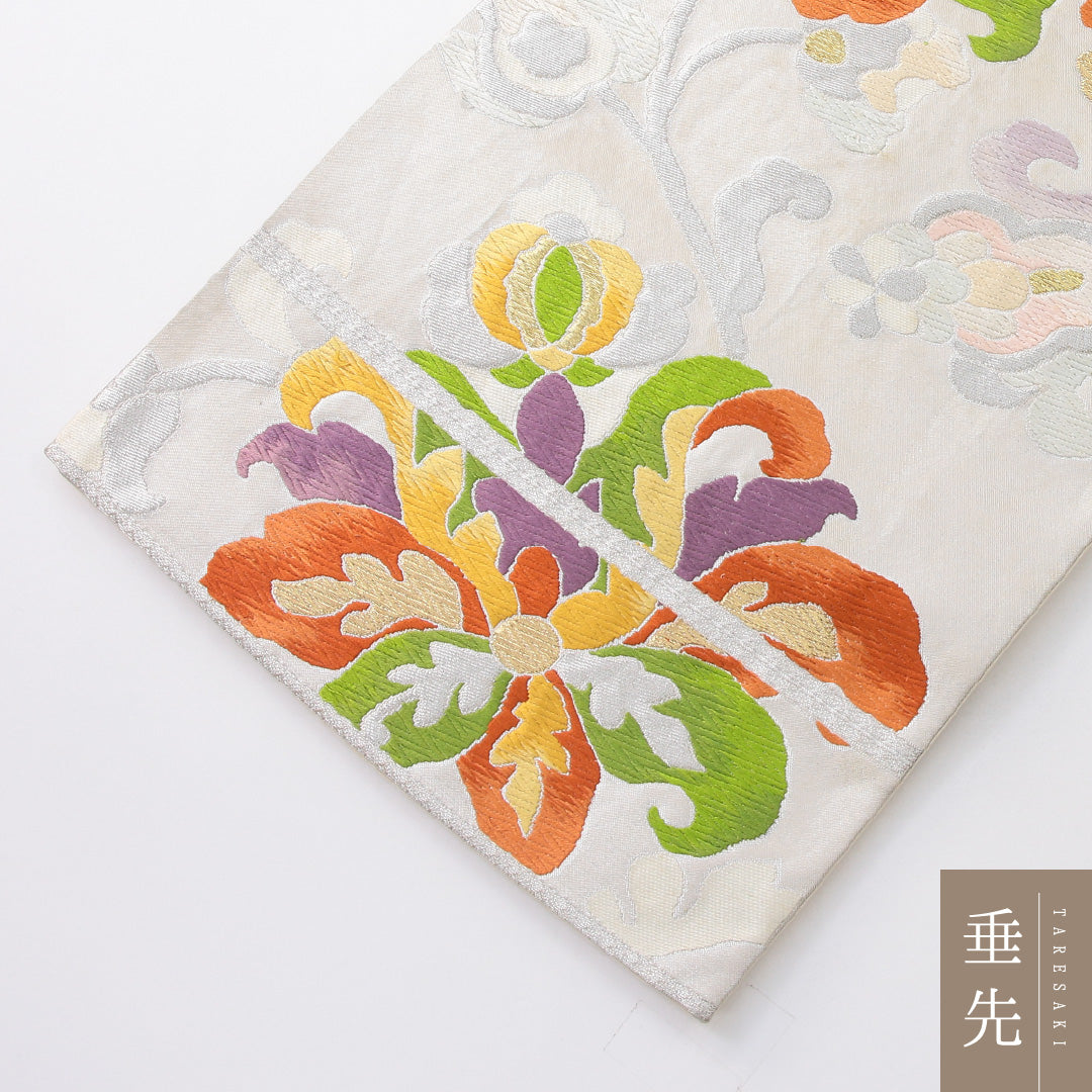 袋帯 帯丈418cm 正絹 六通 フォーマル 唐草華文 クリーム系 1243-02226