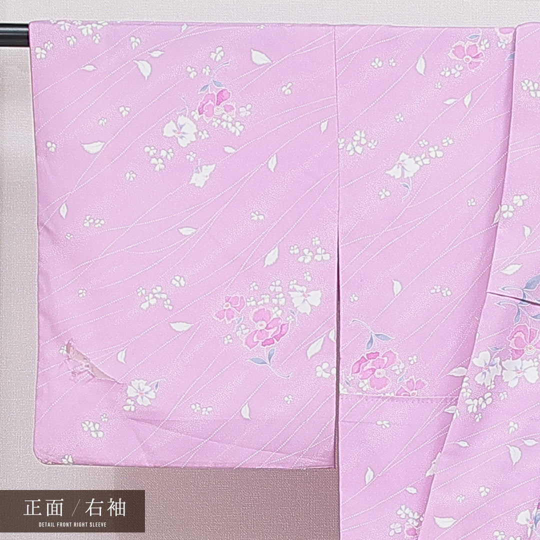 洗える着物 小紋 袷 身丈159cm 裄丈61cm ポリエステル Cランク インフォーマル 広衿 Mサイズ 花柄 紫系 HP 1221-16025