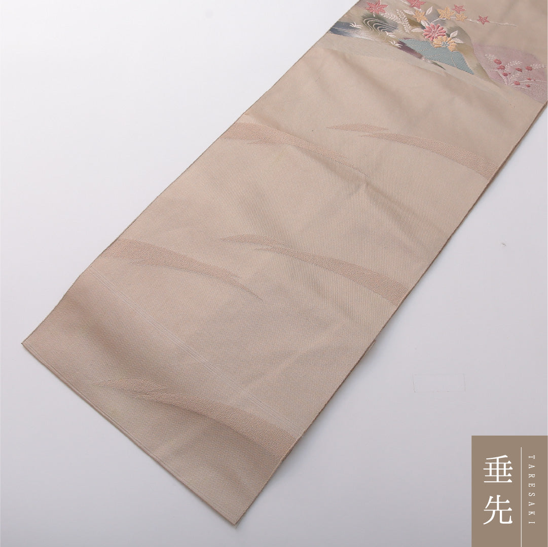 八寸名古屋帯 帯丈352cm インフォーマル 松葉仕立て ポイント柄 Cランク 正絹 流水 紅葉 ベージュ系 1224-03420