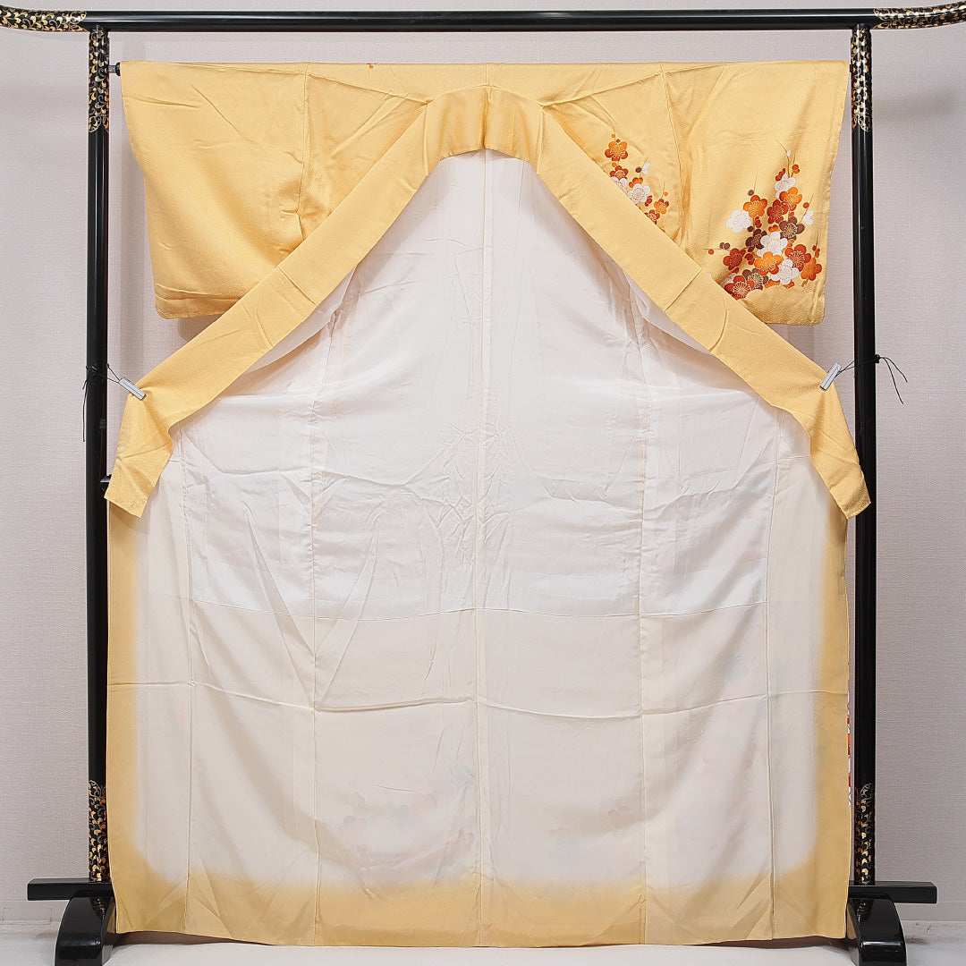 訪問着 袷 身丈173cm 裄丈65cm 正絹 Cランク 一つ紋 (五三桐) セミフォーマル 広衿 2XLサイズ 梅 黄系 HP 1217-15752