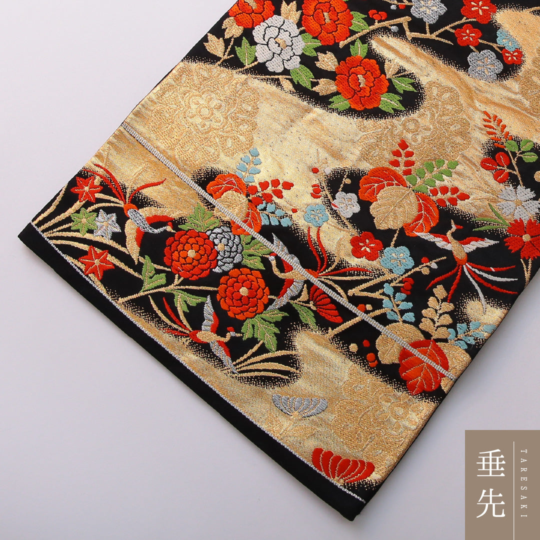 袋帯 帯丈414cm フォーマル 六通 Sランク 正絹 牡丹 桐 黒系 1223-01977