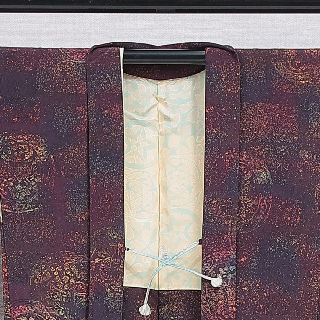 羽織 袷 身丈83cm 裄丈64cm 正絹 Sランク カジュアル Mサイズ 紐あり 丸文 茶系 M4 1232-16187
