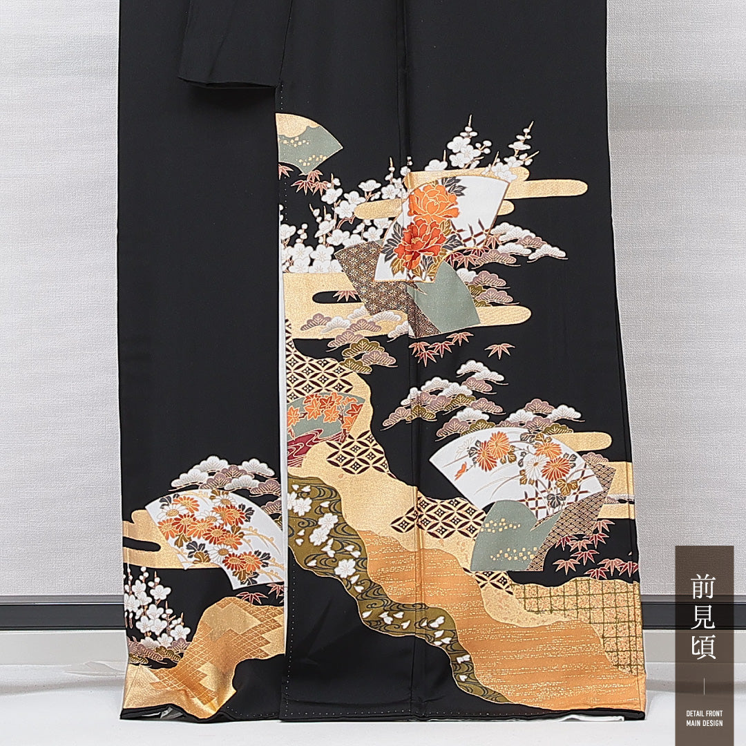 黒留袖 袷 身丈166cm 裄丈65cm 五つ紋 フォーマル Aランク XLサイズ 正絹 比翼仕立て 広衿 扇 菱 牡丹 1211-F0657