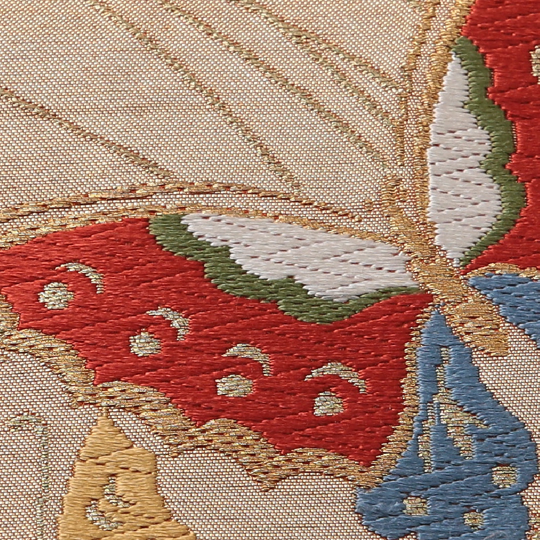 アンティーク 九寸名古屋帯 帯丈366cm カジュアル 名古屋仕立て ポイント柄 Dランク 正絹 蝶 朱系 金系 1224-03521