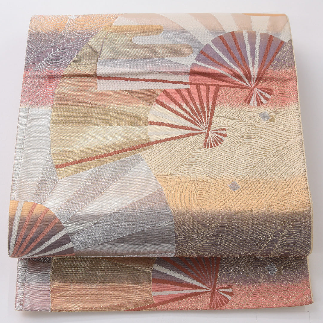 袋帯 帯丈432cm フォーマル 六通 帯芯なし Sランク 正絹 扇 エ霞 多色系 1223-02239