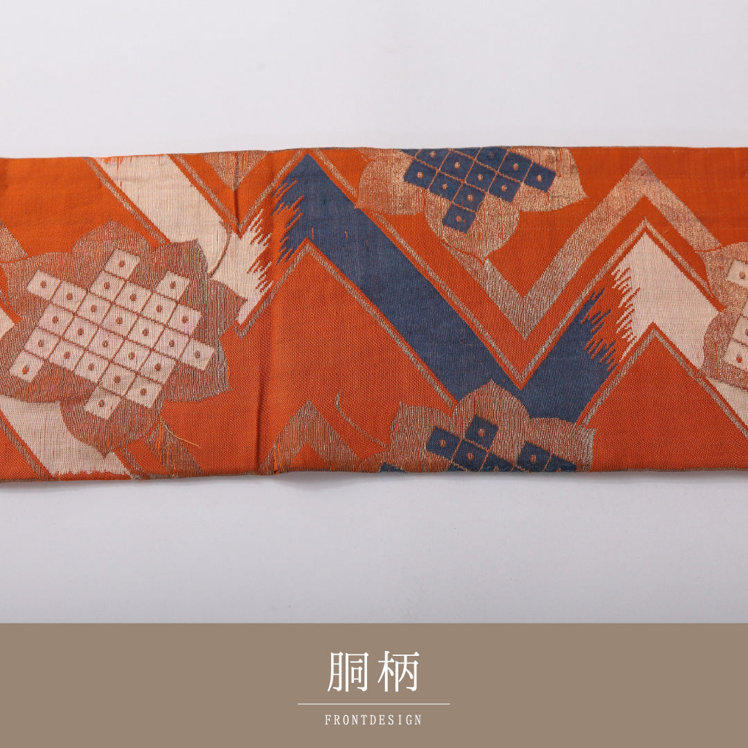 アンティーク 九寸名古屋帯 帯丈368cm 名古屋仕立て 全通 Bランク 正絹 創作柄 朱系 1224-03598