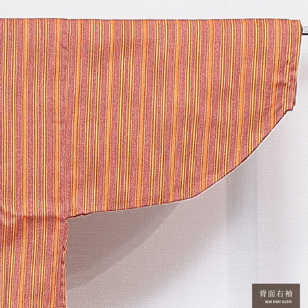 ウールの道中着(紬) 洗える着物 単衣 身丈69cm 裄丈66cm ウール Sランク Mサイズ カジュアル 縞 朱系 1264-16816