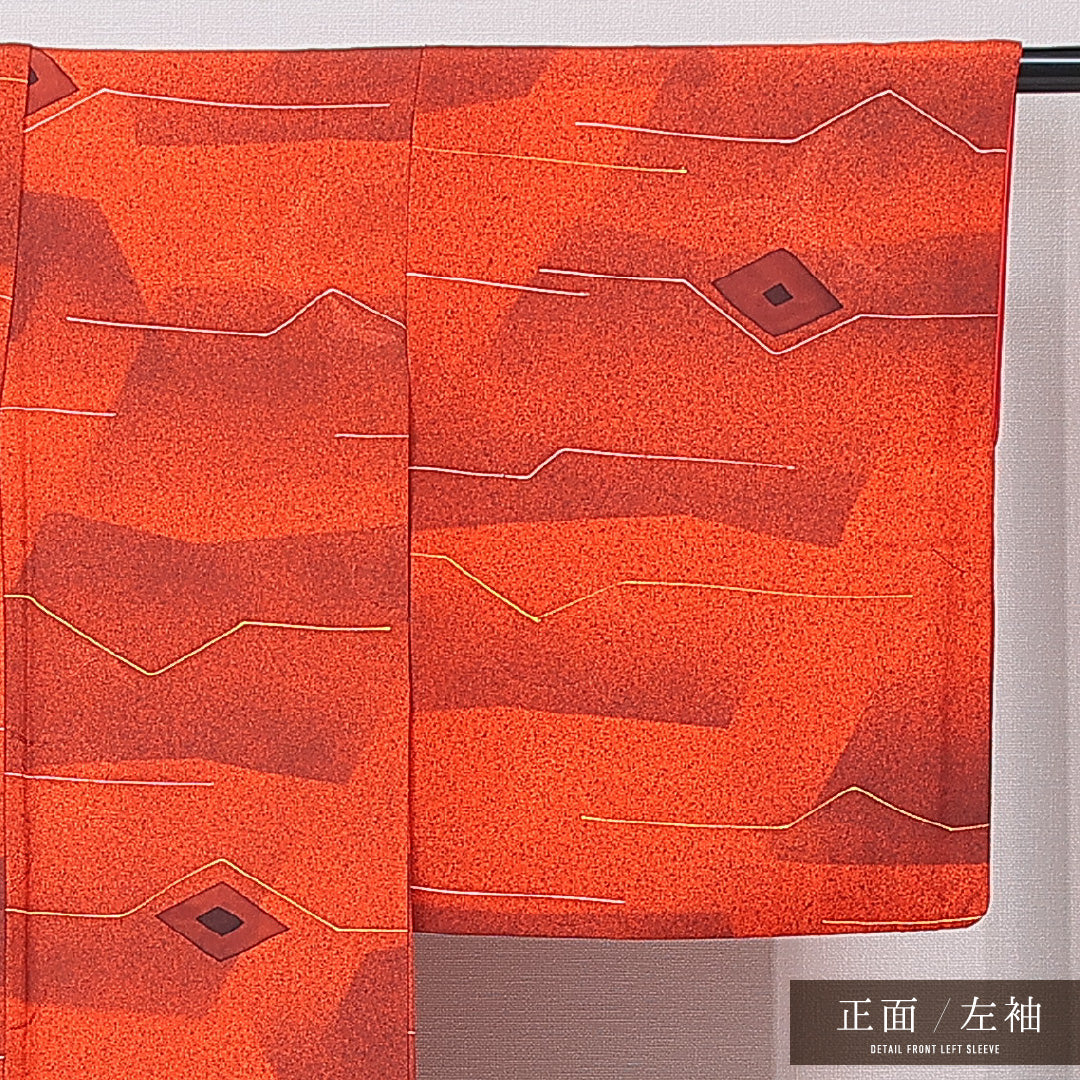 小紋 袷 身丈159cm 裄丈62cm 正絹 Sランク インフォーマル 広衿 Mサイズ 菱 朱系 RP 1221-15055