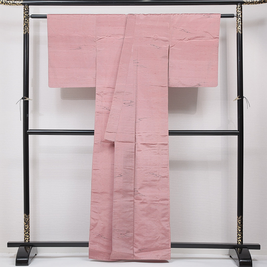 紬 袷 身丈160cm 裄丈62cm 正絹 Aランク カジュアル バチ衿 Lサイズ 抽象柄 ピンク系 RP 1223-15857
