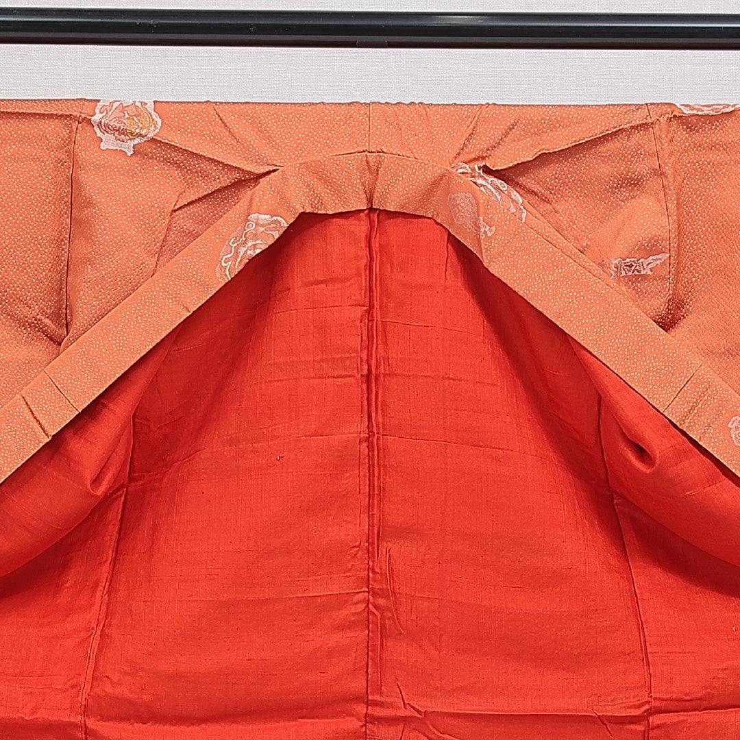 アンティーク お召 袷 身丈146cm 裄丈62cm 正絹 Aランク XSサイズ バチ衿 創作柄 朱系 1265-15974