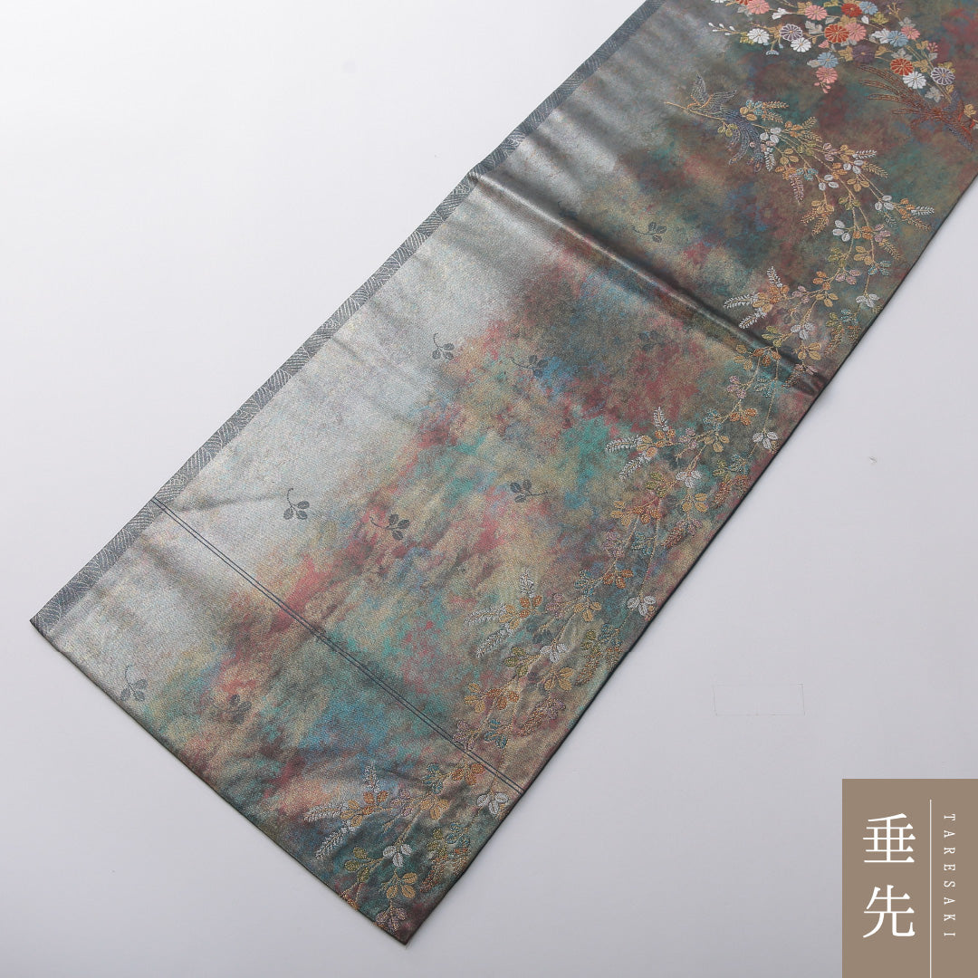 九寸名古屋帯 Sランク 帯丈358cm 正絹 ポイント柄 名古屋仕立て 織り セミフォーマル 花喰鳥 多色系 M4 1245-03562