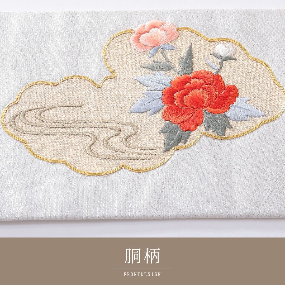 九寸名古屋帯 帯丈355cm セミフォーマル 名古屋仕立て ポイント柄 Sランク 正絹 蘇州刺繍 金駒刺繍 鴛鴦 牡丹 クリーム系 銀系 1224-03912