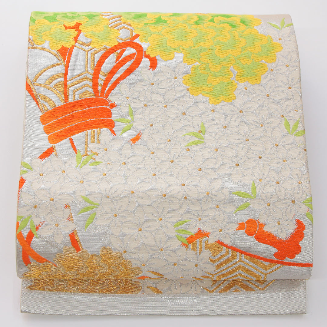 アンティーク 袋帯 帯丈416cm 六通 Aランク 正絹 唐織 古典柄 クリーム系 1223-02320