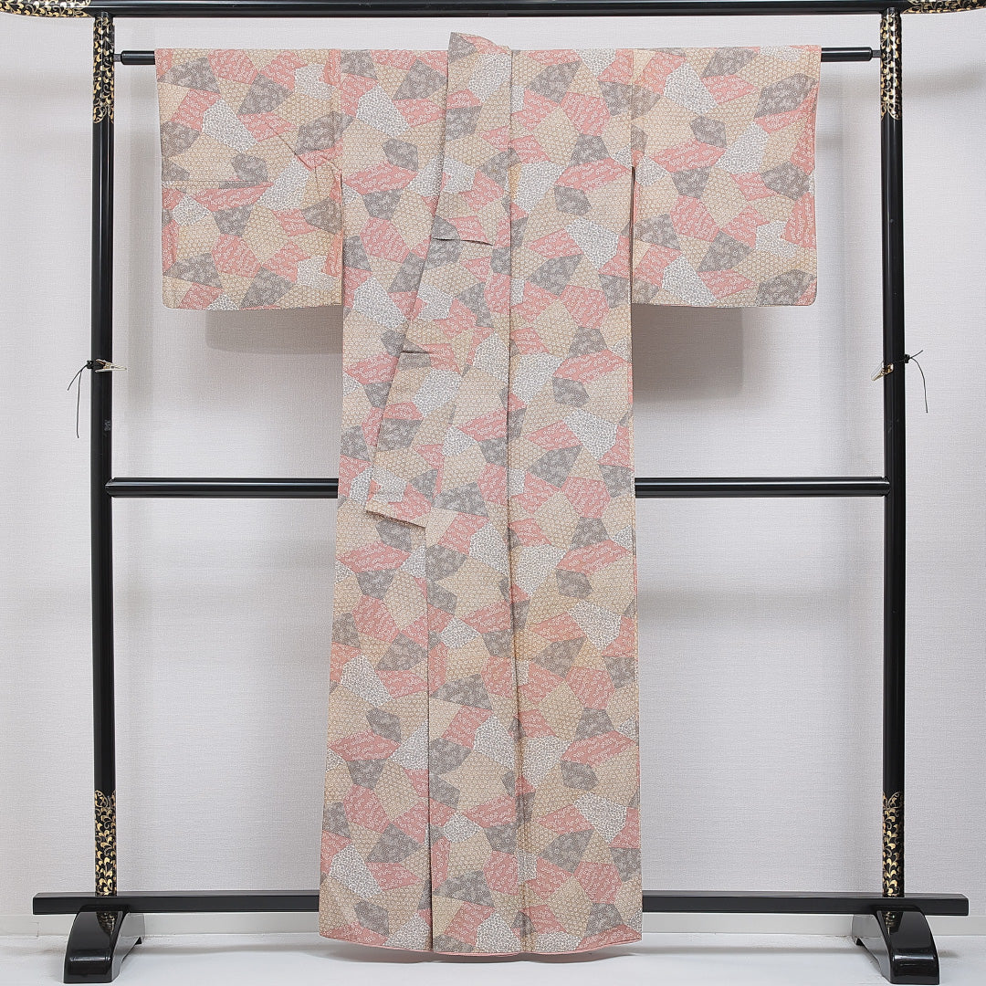 小紋 洗える着物 袷 身丈159cm 裄丈63cm ポリエステル Cランク Mサイズ 広衿 インフォーマル 寄せ柄 桜 多色系 1215-16098