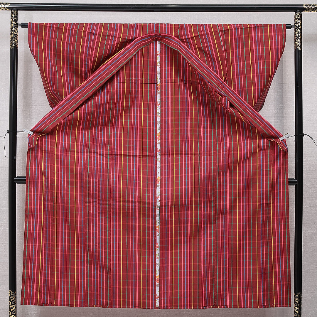 紬 アンサンブル 単衣 身丈153cm 裄丈63cm 正絹 Sランク Sサイズ バチ衿 カジュアル 肩当て 紐あり 縞 赤系 1216-15661