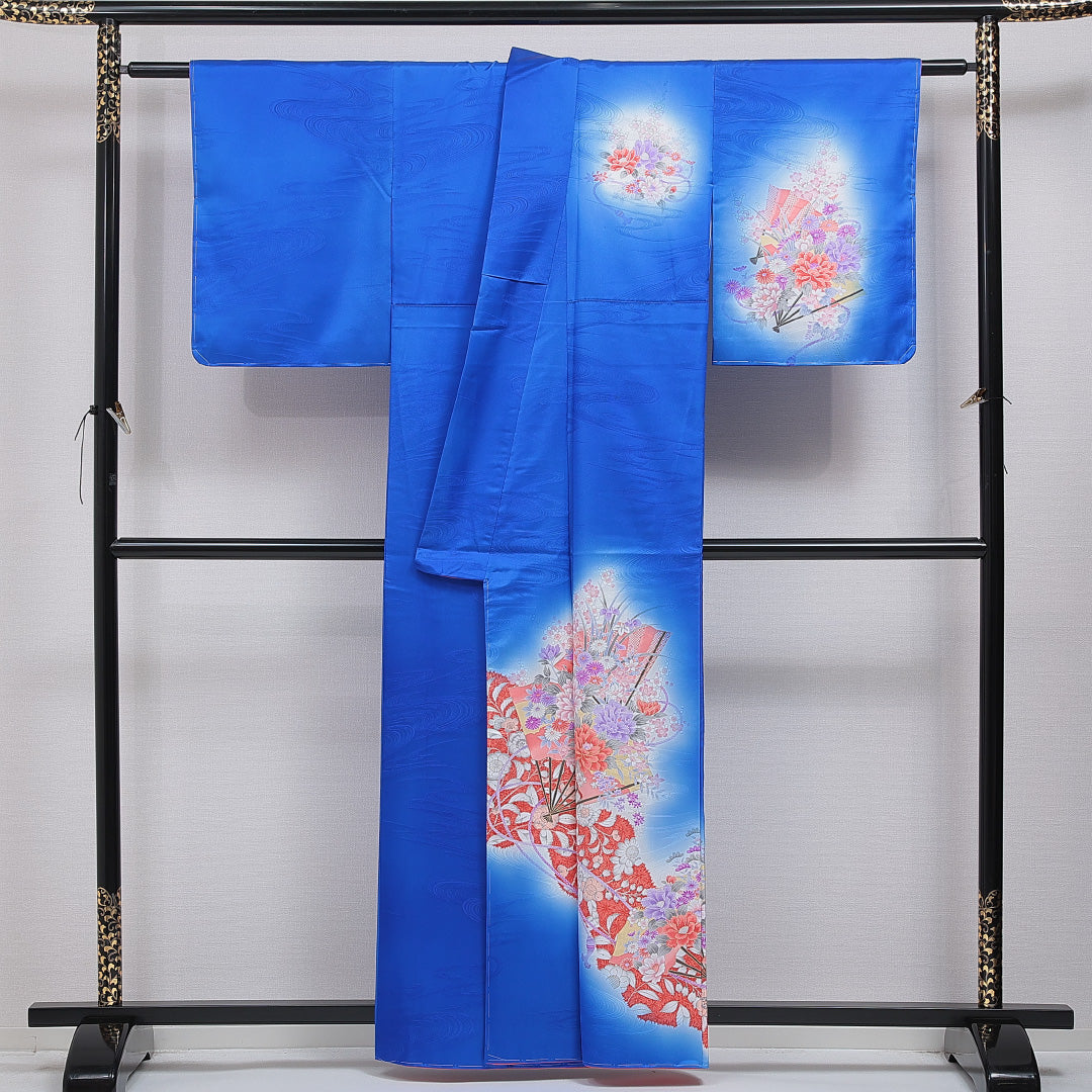 訪問着 洗える着物 袷 身丈159cm 裄丈62cm ポリエステル Sランク Mサイズ 広衿 セミフォーマル 紋意匠 流水 古典柄 ぼかし染 青系 1212-16083