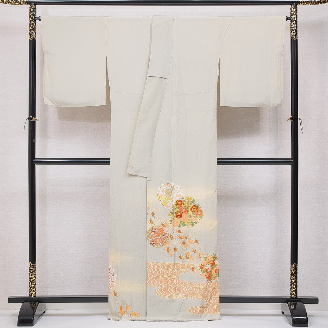 色留袖 袷 身丈162cm 裄丈67cm 一つ紋 セミフォーマル Sランク Lサイズ 正絹 広衿 菊 金駒刺繍 1211-F0653