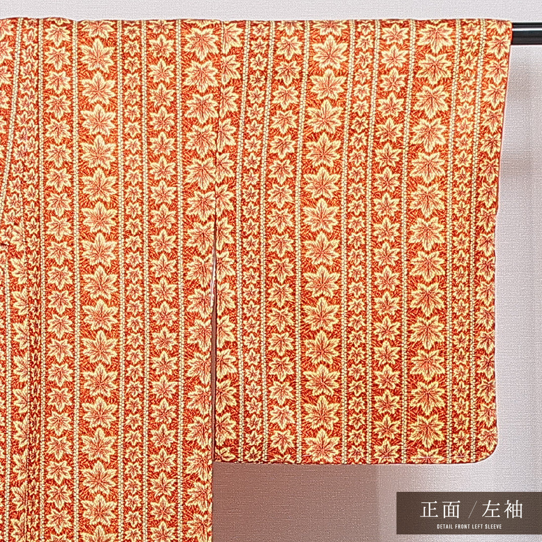 洗える着物 小紋 袷 身丈155cm 裄丈62cm ポリエステル Aランク インフォーマル 広衿 Mサイズ 紅葉 鹿の子柄 朱系 HP 1221-16268