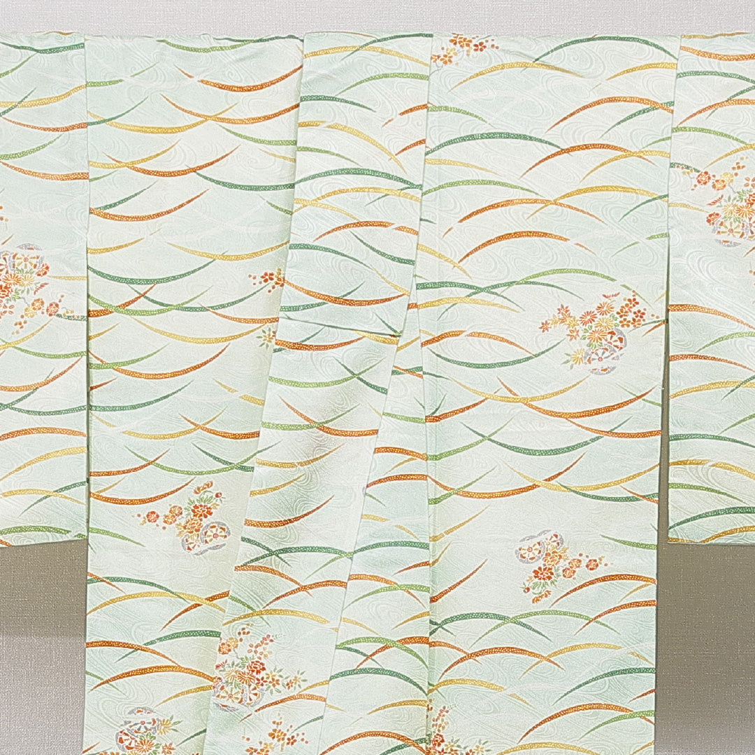 小紋 洗える着物 袷 身丈162cm 裄丈61cm ポリエステル Bランク Lサイズ 広衿 インフォーマル 源氏車 菊 緑系 1215-15806