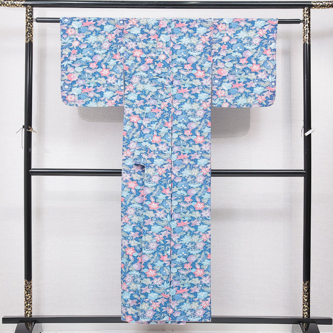小紋 洗える着物 袷 身丈153cm 裄丈62cm ポリエステル Cランク Sサイズ バチ衿 インフォーマル 花柄 水色系 1215-15726