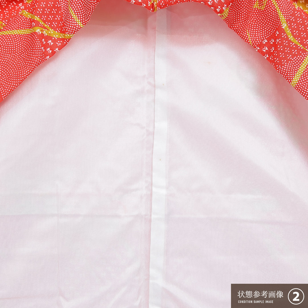 洗える着物 小紋 袷 身丈150cm 裄丈61cm ポリエステル Bランク インフォーマル バチ衿 Sサイズ 創作柄 赤系 HP 1221-15995