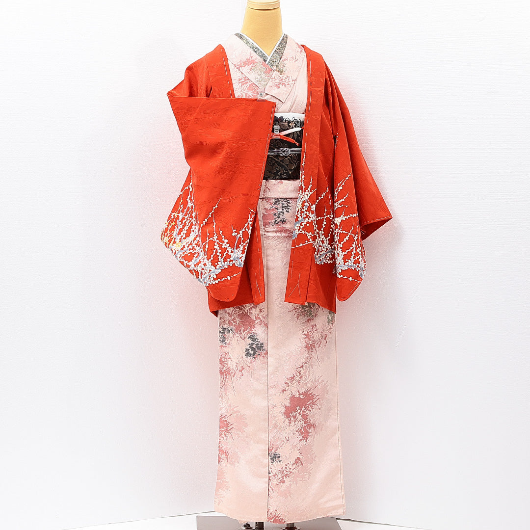 絵羽羽織 袷 身丈78cm 裄丈63cm 正絹 Sランク インフォーマル Sサイズ 紐あり 梅 赤系 RP 1234-15285