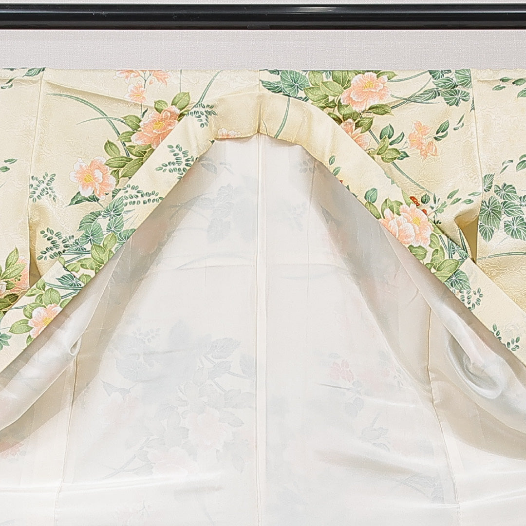 小紋 洗える着物 袷 身丈160cm 裄丈64cm ポリエステル Cランク Lサイズ バチ衿 インフォーマル 椿 クリーム系 1215-15839