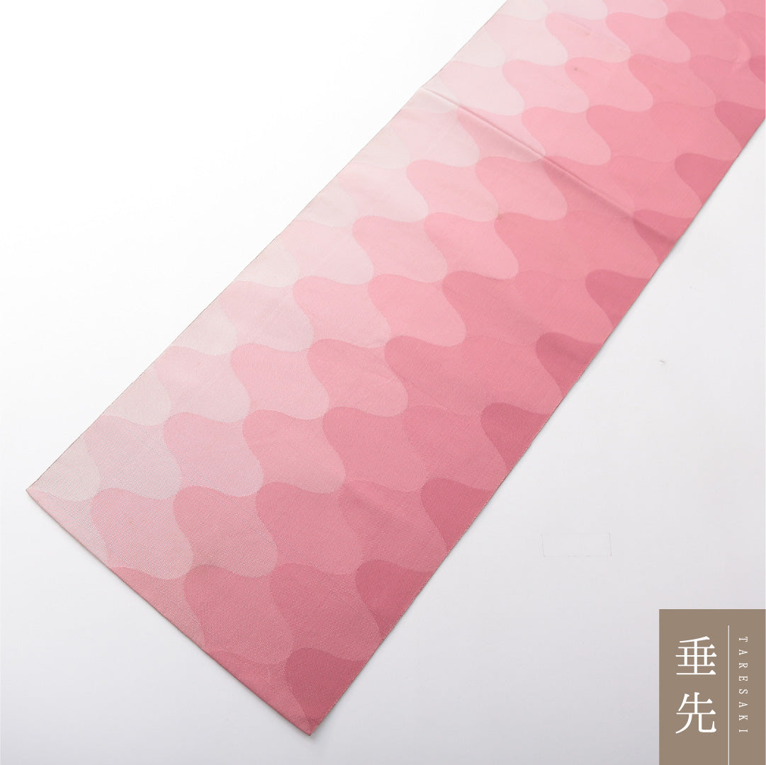 八寸名古屋帯 帯丈359cm カジュアル 松葉仕立て 全通 Cランク 正絹 幾何学柄 ピンク系 1224-03794