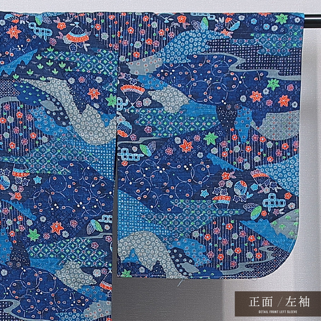 紬 単衣 身丈167cm 裄丈65cm 正絹 Cランク カジュアル バチ衿 XLサイズ 染め紬 花柄 青系 LP 1223-15537