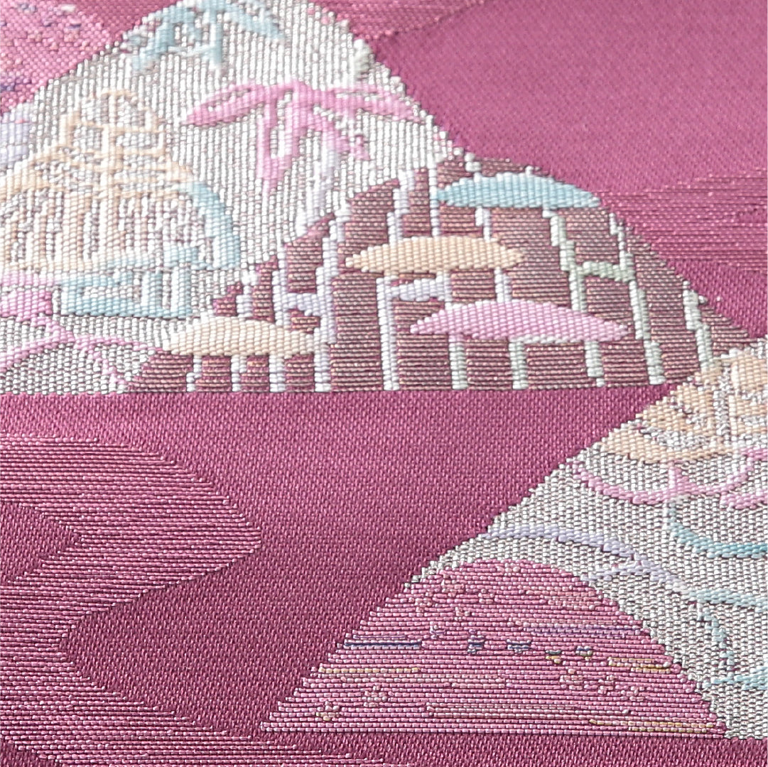 八寸名古屋帯 帯丈355cm カジュアル 松葉仕立て ポイント柄 Sランク 正絹 茶屋辻 紫系 赤系 1224-03829