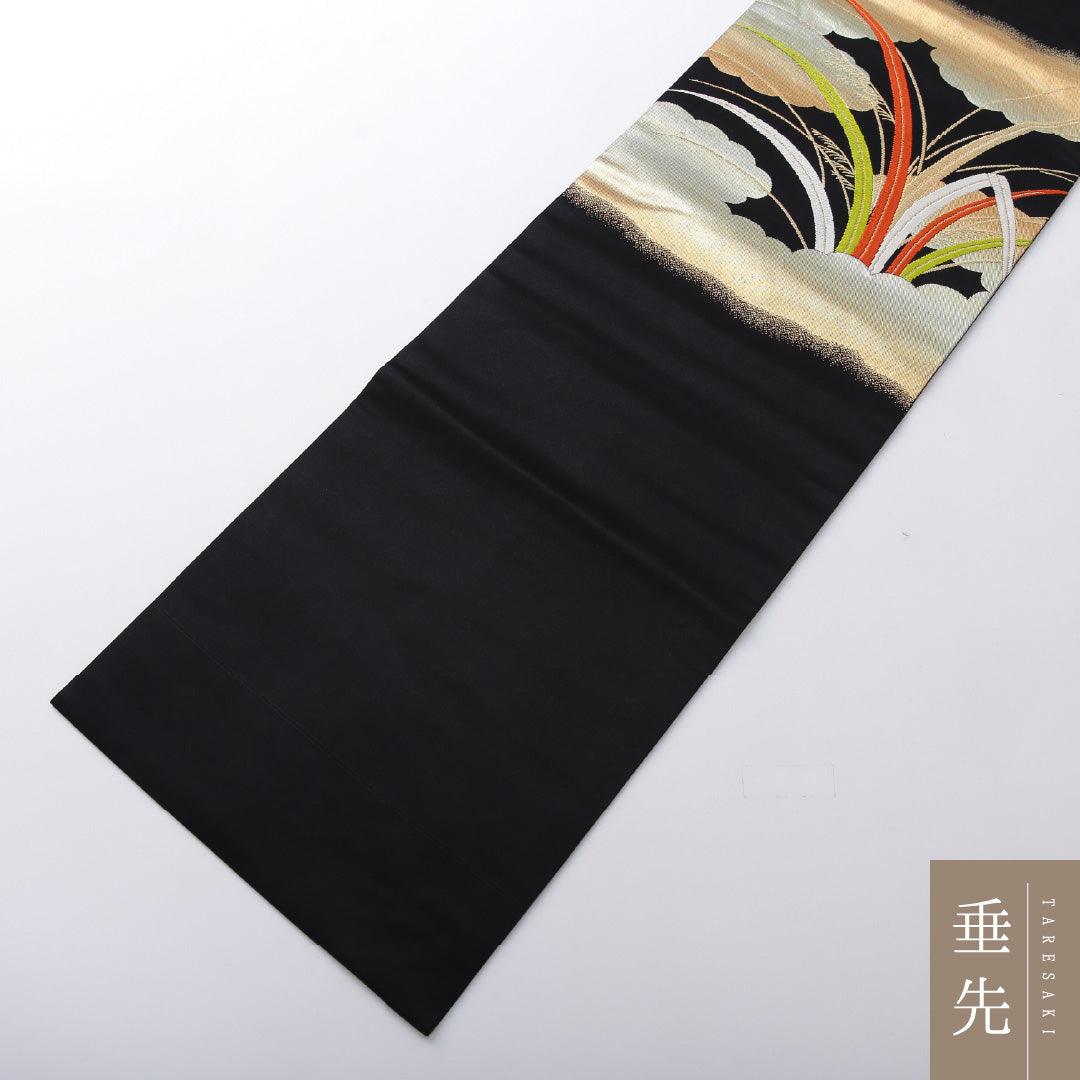 九寸名古屋帯 Sランク 帯丈344cm 正絹 ポイント柄 名古屋仕立て 織り セミフォーマル 雲取り すすき 黒系 RP 1245-03680
