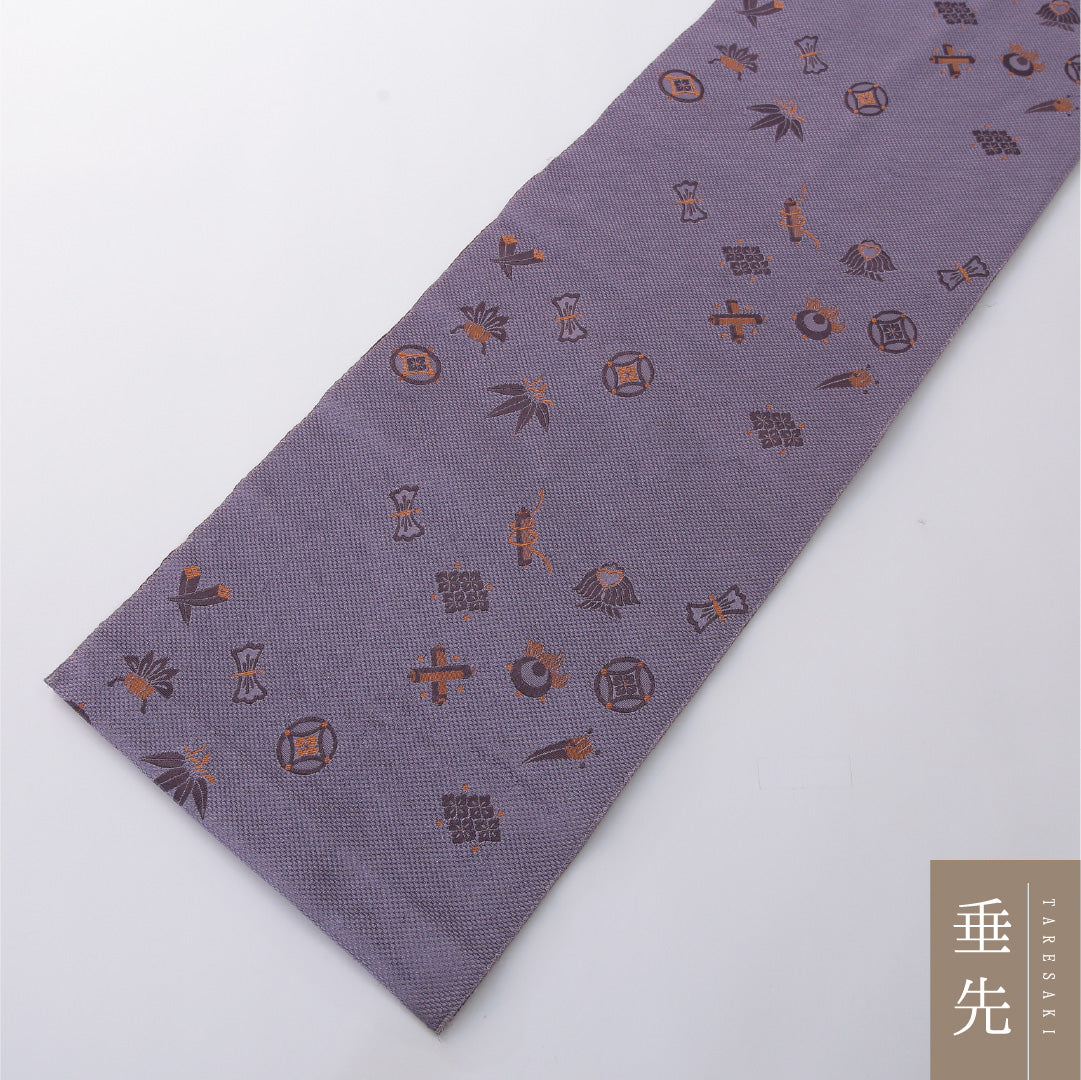 九寸名古屋帯 帯丈364cm カジュアル 開き仕立て 全通 Aランク 正絹 巻物 笹 紫系 1224-03277