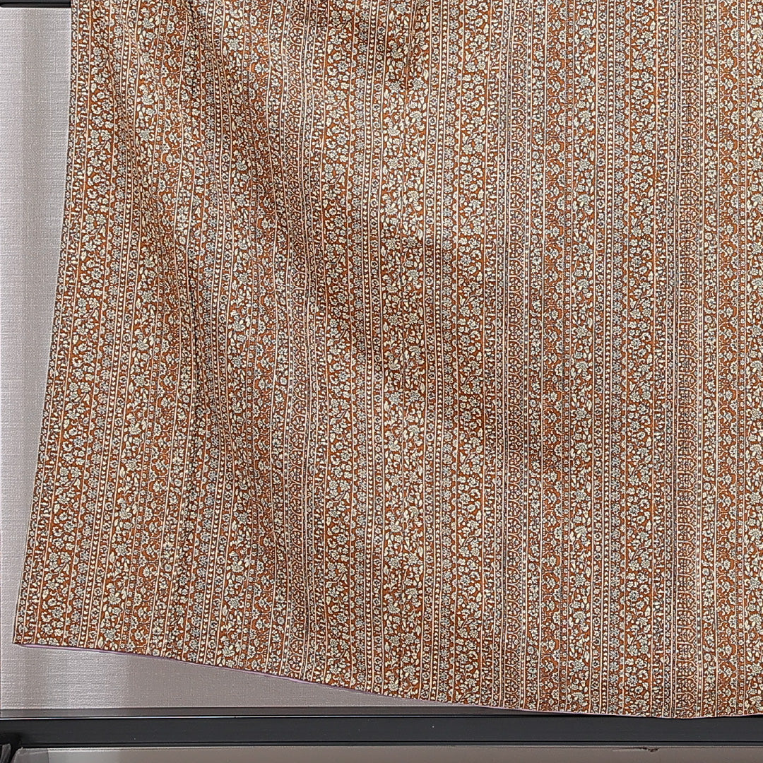 小紋 袷 身丈156cm 裄丈65cm 正絹 Dランク Mサイズ バチ衿 インフォーマル 更紗 花柄 茶系 1215-15710