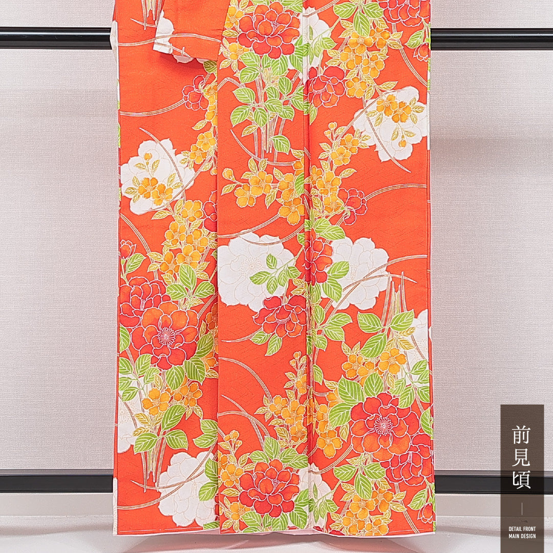 小紋 洗える着物 袷 身丈160cm 裄丈64cm ポリエステル Cランク Lサイズ 広衿 インフォーマル 花柄 朱系 1215-15035