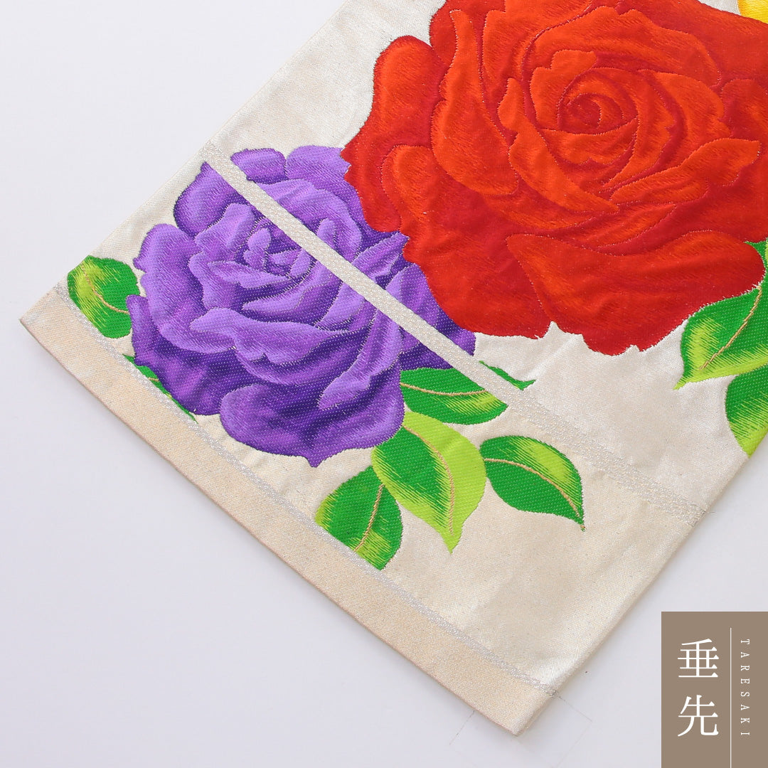 袋帯 帯丈418cm 正絹 六通 セミフォーマル 薔薇 クリーム系 1243-02188