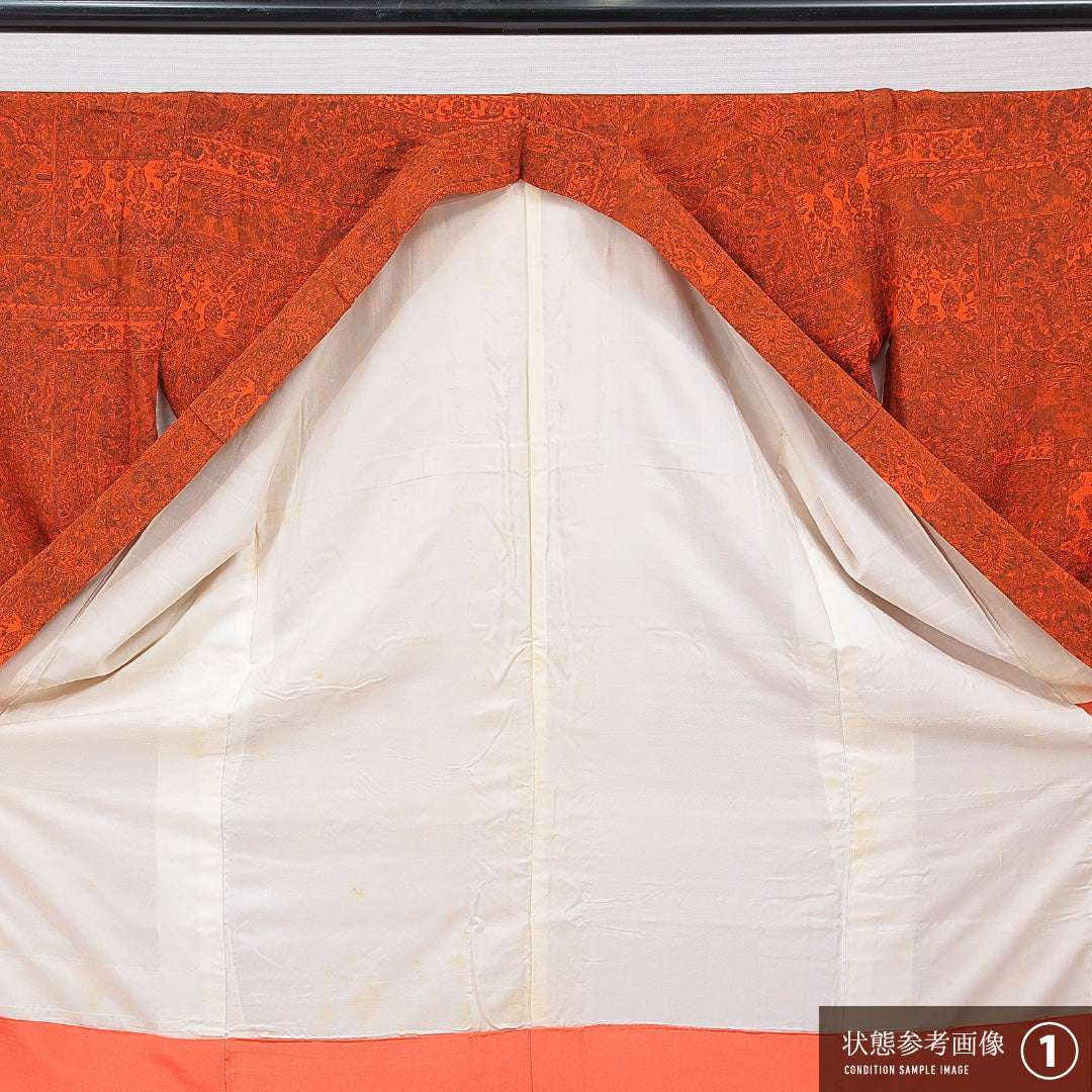 アンティーク 小紋 袷 身丈155cm 裄丈62cm 正絹 Aランク Mサイズ バチ衿 更紗 ちりめん 花柄 赤系 朱系 1215-15683