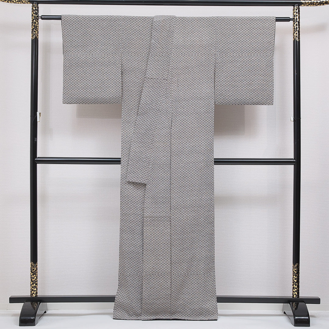 小紋 袷 身丈164cm 裄丈62cm 正絹 Cランク インフォーマル 広衿 Lサイズ 花菱 茶系 HP 1221-16737