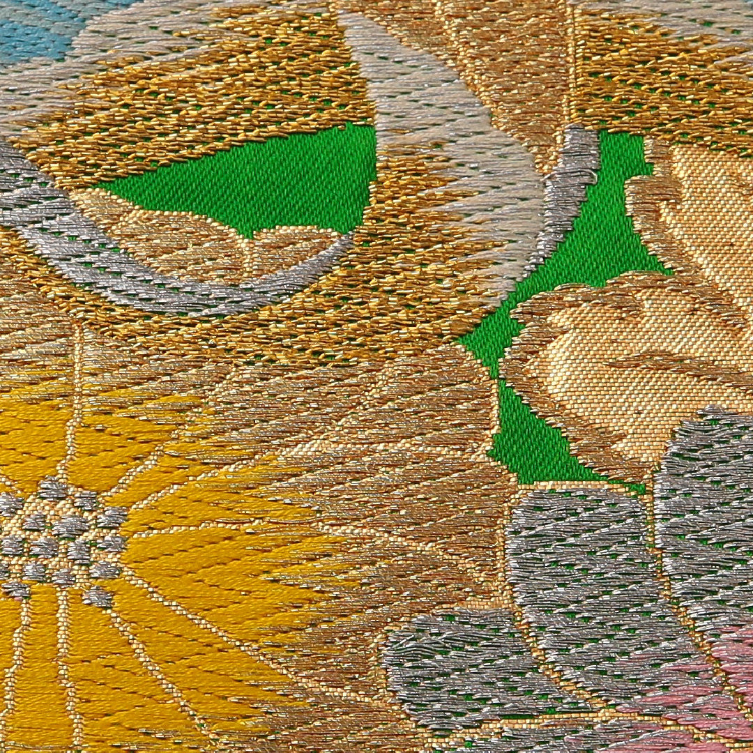 袋帯 帯丈408cm フォーマル 六通 Sランク 正絹 鶴 菊 緑系 金系 1223-01893