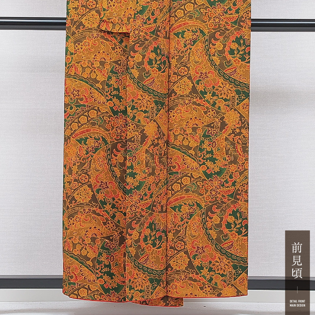 小紋 袷 身丈156cm 裄丈62cm 正絹 Dランク Mサイズ 広衿 インフォーマル ちりめん 多色系 朱系 1215-16665