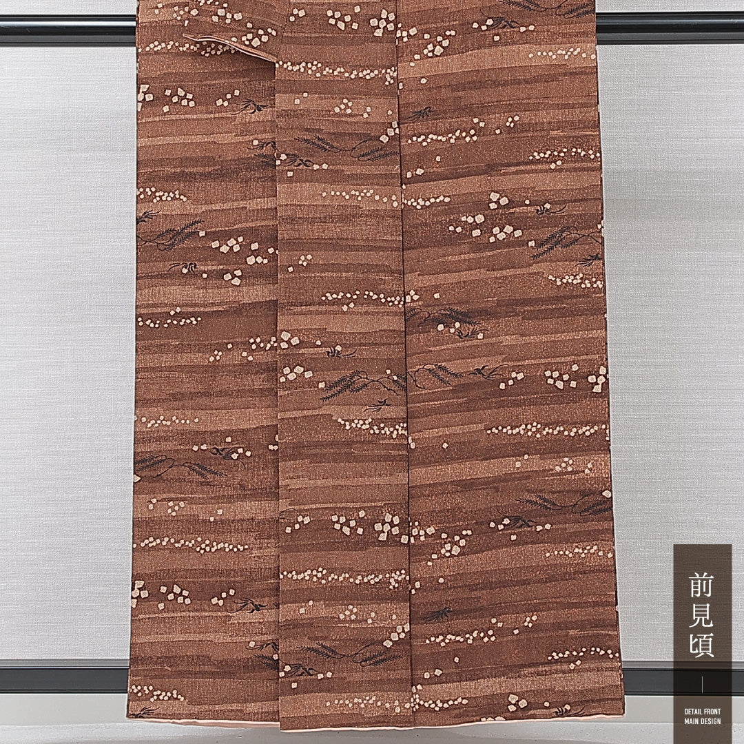 小紋 袷 身丈156cm 裄丈63cm 正絹 Aランク インフォーマル 広衿 Mサイズ 植物柄 茶系 RP 1221-15217