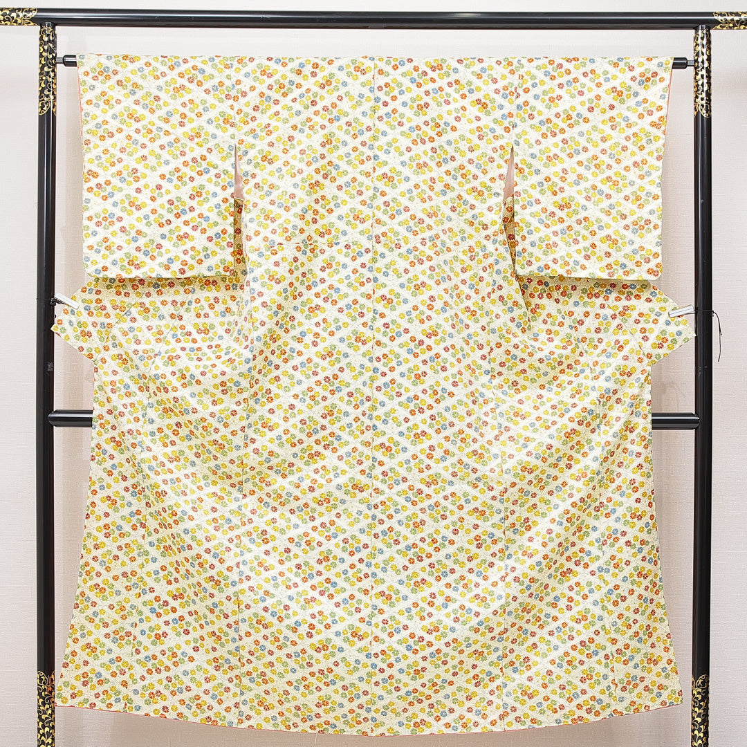 小紋 袷 身丈152cm 裄丈62cm 正絹 Sランク Sサイズ 広衿 インフォーマル 唐菊 クリーム系 1215-15104
