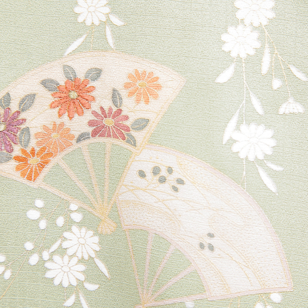 小紋 袷 身丈152cm 裄丈61cm 正絹 Sランク Sサイズ 広衿 インフォーマル ちりめん 山 証紙 緑系 1215-15907