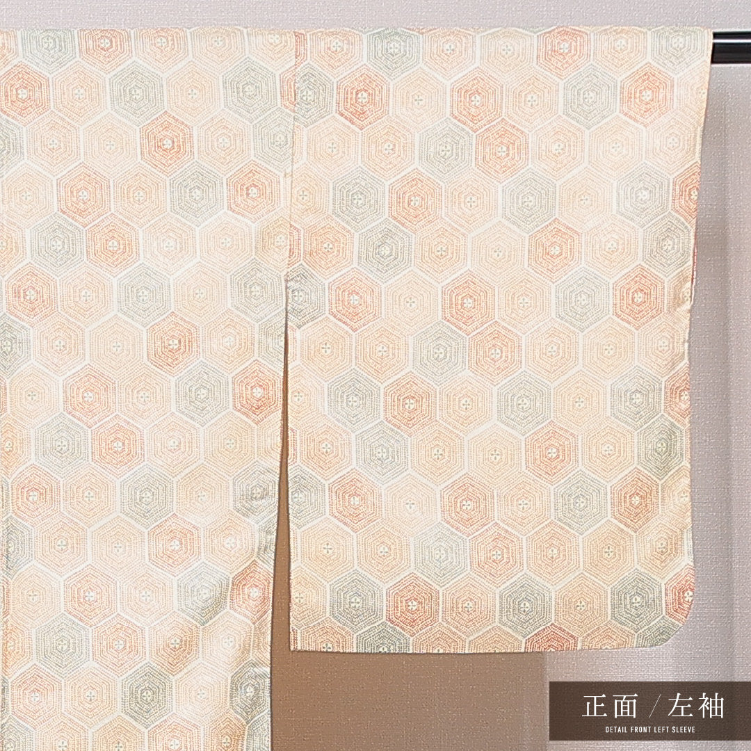 洗える着物 小紋 袷 身丈166cm 裄丈63cm ポリエステル Sランク インフォーマル 広衿 XLサイズ 亀甲 クリーム系 RP 1221-15787