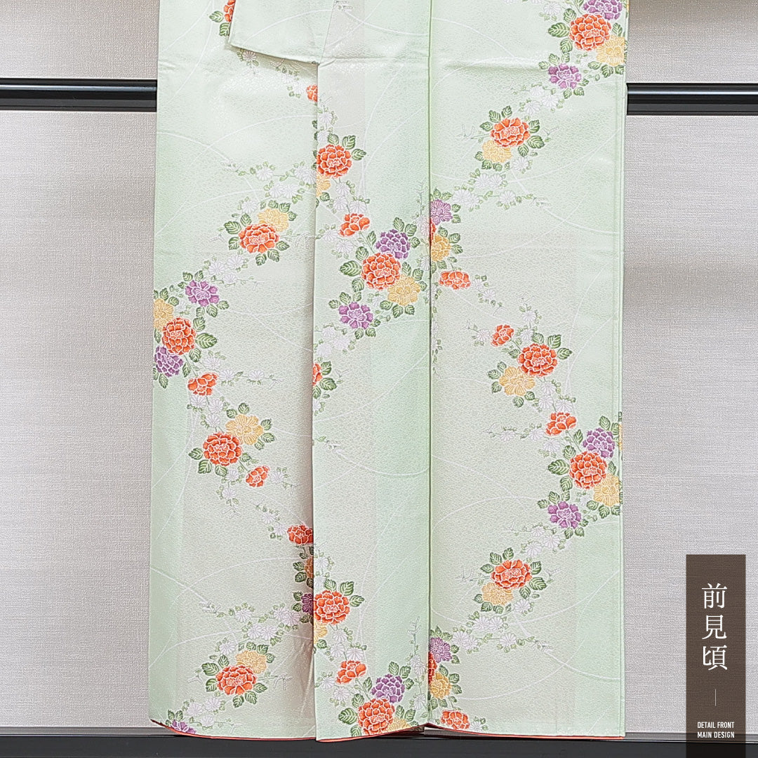 洗える着物 小紋 袷 身丈150cm 裄丈63cm ポリエステル Cランク インフォーマル 広衿 Sサイズ 牡丹 緑系 LP 1221-16013