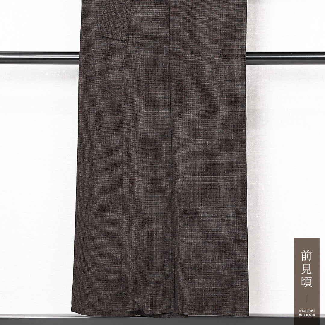 アンティーク 木綿の紬(書生絣) 洗える着物 単衣 身丈150cm 裄丈63cm 木綿 Cランク Sサイズ 棒衿 肩当て 格子 茶系 1216-13078